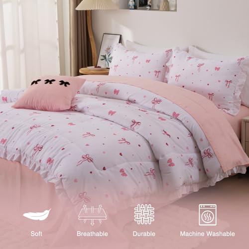 Image of A Nice Night Polka Dot Bow Comforter Set,6 Piece Bed in a Bag Chic Bowknot Bedding Sets,Princess Ruffle Style,White Room Decor for Girls,Twin