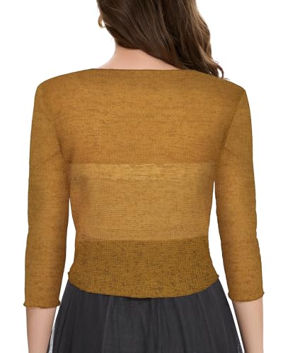 Image of Women Crop Cardigan Sheer Mesh Bolero Shrug for Dress Tie Front 3 /4 Sleeve Tops