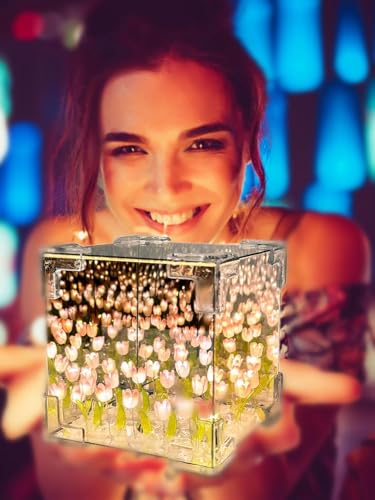 Image of DIY Tulip Night Light LED Lamp, Glass Artificial Tulips Flower, Bedroom Table Lamp, 9 Flowers, Square, Children Girl Couple Friends Gift, Atmosphere Decoration Desk Ornament