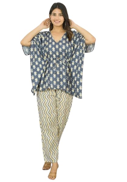 KAVERI KREATIONS Women's Cotton Printed Short Kaftan with Pants - Comfortable Free Size Kaftan Top & Bottom Set with Pocket (Grey & Yellow)-picture-31