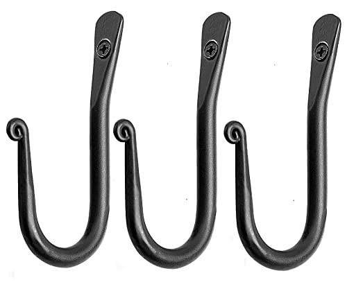 Hb Wrought Iron Coat Hooks ~ Set Of 3 Decorative Black Wall Mounted Rustic ~ Blacksmith Handmade Rust Proof Single J Hook For Hanging Robes, Hats, Clothes, Bags, Backpacks, Towels #TOP8