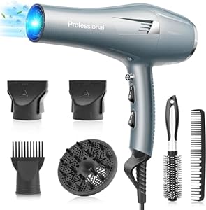 Profi Föhn Ionen Fön Haartrockner Hair Dryer Haarföhn mit 1 Diffusor 2 Stylingdüse, 3 Heiz und 2 Geschwindigkeitsstufen, 2.5 Meter langes Netzkabel, Starker Fön für Familie (blau) (Hellblau)