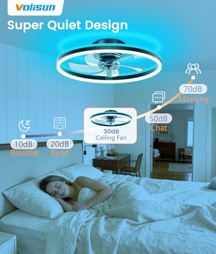 Image of VOLISUN RGB Ceiling Fans with Lights and Remote, 20in Low Profile Ceiling Fans with Lights Flush Mount, 3000K-6500K Dimmable Fandelier LED Fan Light, Black Bladeless Ceiling Fans for Bedroom