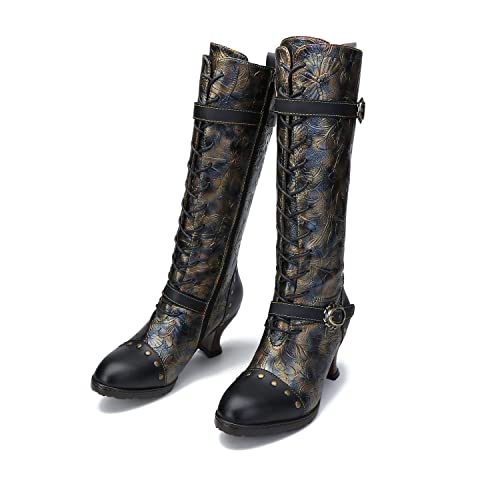 CrazycatZ Womens Leather Knee Long Block Heels Boots, Vintage Bohemian Long Boots