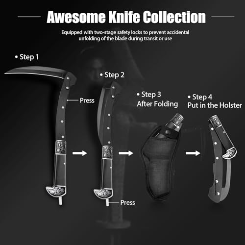 Cuchillo Hoz Plegable Negro con Mango de Madera y Funda miniatura 3