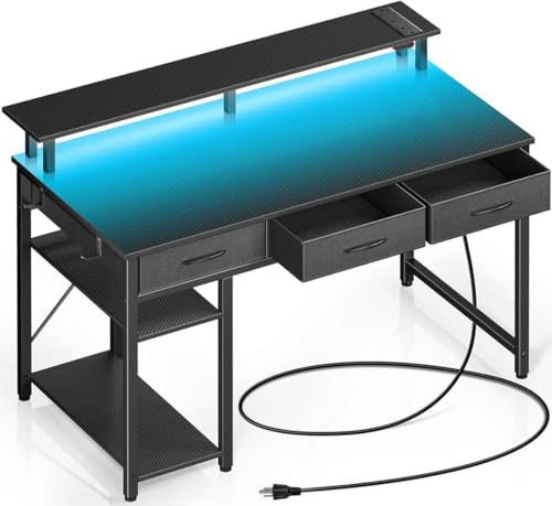 Rolanstar Computer Desk with Power Outlets & LED Light, 39 inch Home Office Desk with 3 Drawers and...