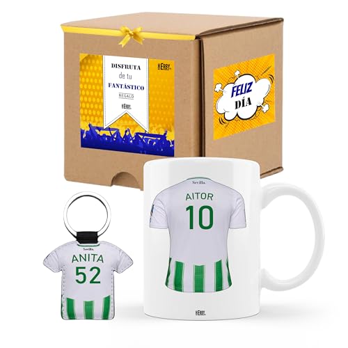 Taza del Betis personalizada con nombre y número más llavero del Betis caja de regalos del Betis taza de cerámica para te café o chocolate de 325 ml regalos para fanáticos del futbol(Betisx2c)