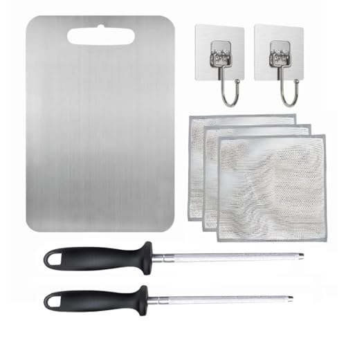 Tabla de Cortar de Acero Inoxidable TitanioX Titanium, Tabla de Cocina Profesional Antibacteriana y sin Tóxicos para Cortar y Picar, Kit con 2 Afiladores, 2 Soportes y 3 Paños – 25x15 cm