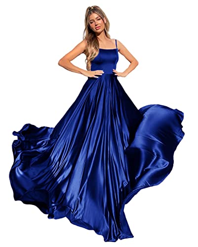 Qqcute Women Spaghetti Strap Prom Dresses Satin A Line Formal Wedding Guest Party Dresses Long Evening Gowns With Pockets Royal Blue Dresses(Us4) #TOP7