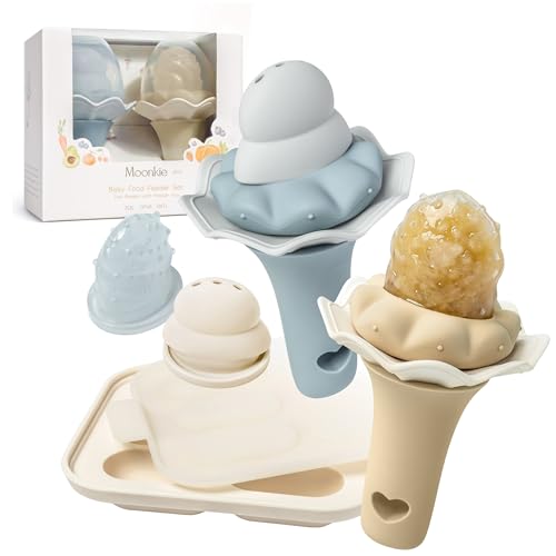 Image of Moonkie Baby Fruit Feeder with Freezer Tray, BPA Free Silicone Food Feeder for Infant Self Feeding, Breastmilk Popsicle Molds, Mesh Feeder with Two Pouches, Baby Shower Gifts 4 Months+, 2 Pack