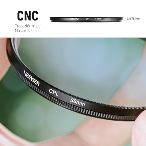 NEEWER 58mm Objektiv Filter Set: UV, CPL, FLD, ND2, ND4, ND8, Gegenlichtblende und Objektivdeckel Kompatibel mit Canon Nikon Sony Panasonic DSLR Kameras mit 58mm Objektiv