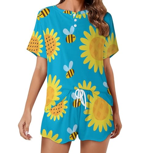 Pyjama femme manches courtes respirant en motif abeille sur tournesol