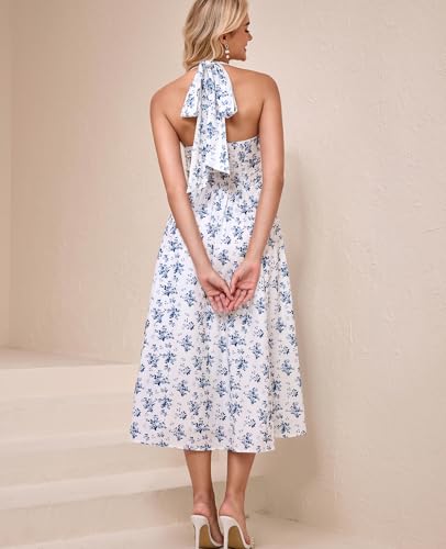 GLNEGE Floral Halter Corset Midi Sun Dress V Neck Bow Tie Smocked Back Flowy Wedding Guest Dresses for Women with Pockets3
