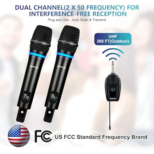 Image of 2 Channel Rechargeable Wireless Microphone System, Pro UHF Metal Handheld Wireless Microphones Cordless Mics with Mini Receiver, Channel Control for Karaoke Singing Church