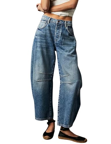 Womens Baggy Boyfriend Jeans Vintage Wide Leg Mid Rise Barrel Denim Ankle Pants Cropped Jeans,Blue,XX-Large