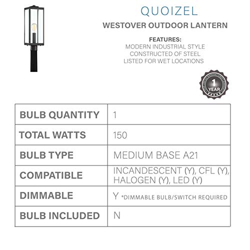 Quoizel Wvr9007Ek Westover Modern Industrial Outdoor Post Mount Lighting, 1-Light, 150 Watt, Earth Black (21"H X 7"W) #TOP2