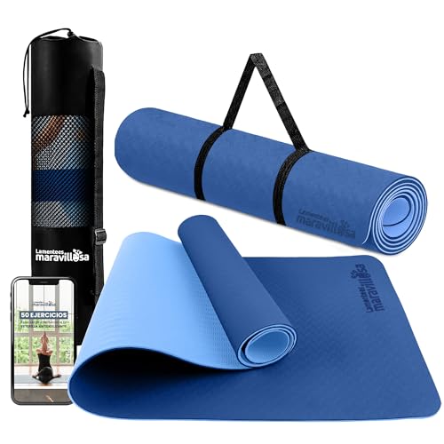 LA MENTE ES MARAVILLOSA - Esterilla de Yoga, Pilates y Fitness【E-Book, Bolsa y Correa de Hombro】Colchoneta Antideslizante TPE para Deportes, Gimnasio en Casa | 183x61 cm (Azul Oscuro/Claro sin Diseño)