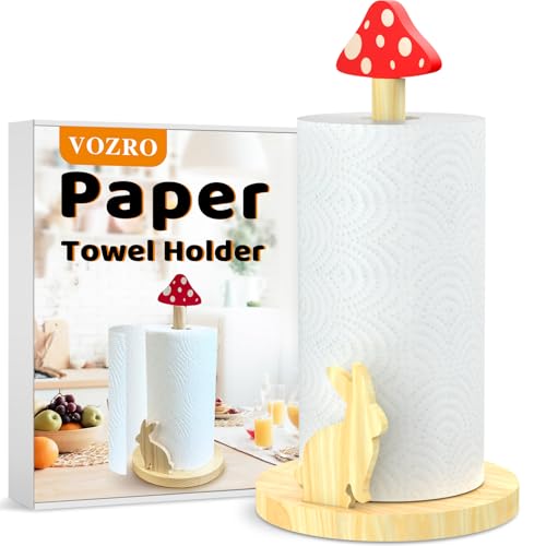 Paper Towel Holder, Wooden Mushroom Cottagecore Kitchen Paper Roll Stand, Rustic Countertop Towel Dispenser, Farmhouse Paper Hanger Rack with Non-Slip Base, Whimsical Animal-Inspired Design