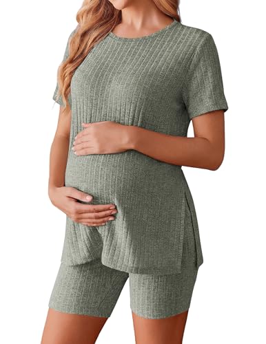 Image of Ekouaer Maternity Sets 2 Piece Outfits Short Sleeve Shirts and Biker Shorts Pregnancy Loungewear