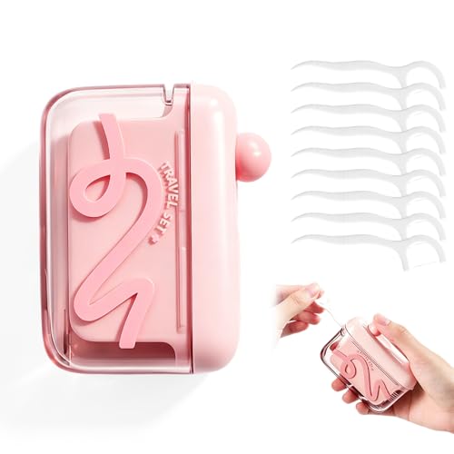 Automatic Pop-up Portable Floss Dispenser with 50 Pcs Dental Floss Refillable for Home Restaurant and On-the-Go Oral Care (Pink)