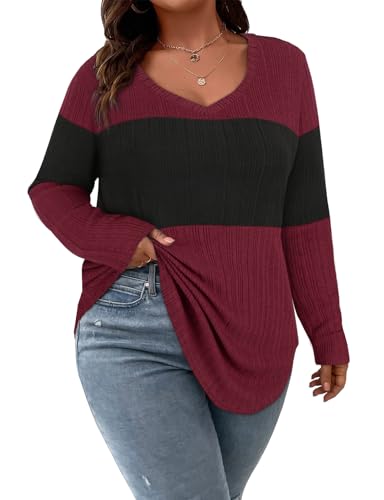 Image of Koscacy Women Plus Size Casual Knit Sweater V Neck Solid Color Tops Lightweight Long Sleeve Blouses