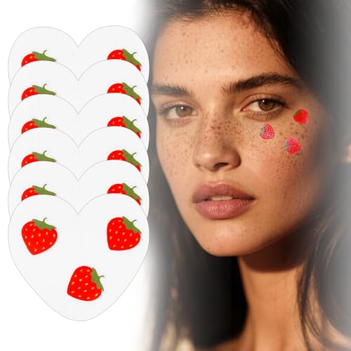Boko 6Pcs Red Strawberry Speckles Temporary Tattoos, Waterproof and Long Lasting Makeup Patches, Face Strawberry Freckles for Festival Concert Summer Beach Pool Themed Party Beauty Face Makeup