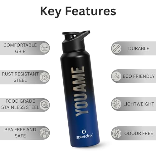 Image of Speedex Engraved Name Stainless Steel Sipper Water Bottle 1 Ltr - Customised Personalised Bottle for Kids & Adults, School, Gym, Sports, Black, Set of 1 (Black Blue, Set Of 1)