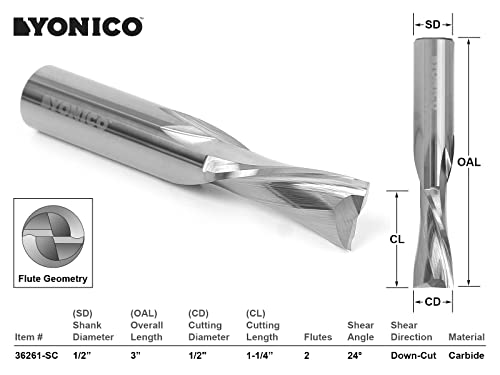 Image of YONICO Downcut Router Bits Spiral 2 Flute Solid Carbide CNC Low Helix End Mill 1 /2-Inch Dia. 1 /2-Inch Shank 36261-SC