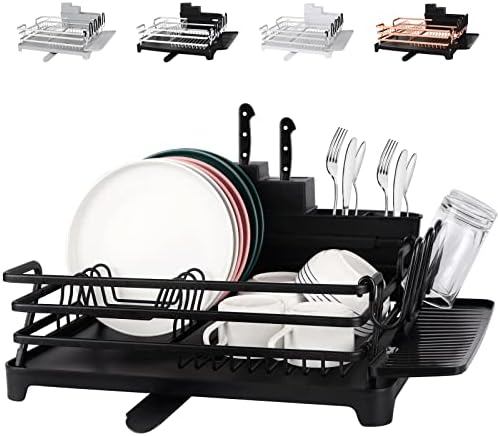 [Upgraded] Aluminum Dish Drying Rack, ROTTOGOON Rustproof Dish Rack and Drainboard Set with Drainage, Utensil Holder, Cup Holder, Compact Dish Drainer for Kitchen Counter Cabinet, 16.9" x 12.2", Black
