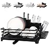 [Upgraded] Aluminum Dish Drying Rack, ROTTOGOON Rustproof Dish Rack and Drainboard Set with Drainage, Utensil Holder, Cup Holder, Compact Dish Drainer for Kitchen Counter Cabinet, 16.9" x 12.2", Black
