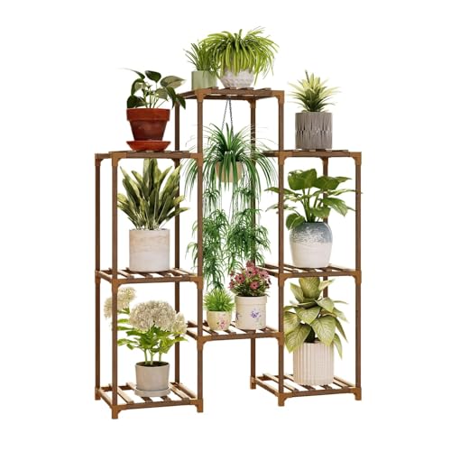 Bamworld Plant Stand with Wheels for Indoor Plants Wood Outdoor Tiered Shelf 3 Tire 7 Potted Ladder Plant Holder Table Pot Stand for Window Garden Balcony Patio Living Room (natureDL)