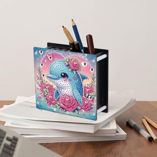 Image of Valentine's Day Dolphin Diamond Painting Pen Holder, DIY 5D Diamond Art Pencil Organizer, Decorative Desk Storage for Home and Office Supplies, Perfect for Storing Pens, Pencils, and Rulers