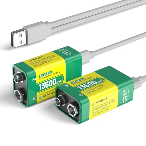 2 Pack 9 V Rechargeable Battery 13500mWh 9 V High Capacity Lithium Batteries with USB-C Fast Charging Cable Ideal for Alarms Toys Smoke Detectors Microphone Torches Medical Devices etc.