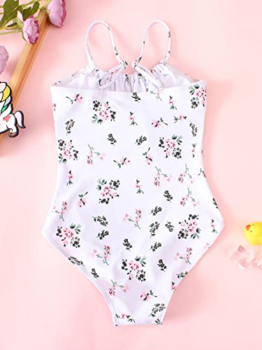 Shein Girl's Floral Print Spaghetti Strap Tie Front Drawstring One Piece Swimsuit Flower White 130 #TOP1