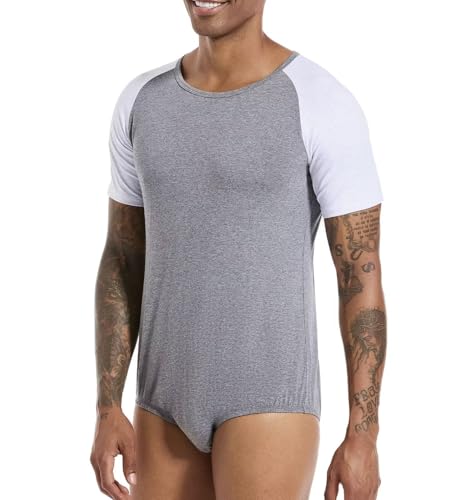 Men Short Sleeve Romper Pajama Bodysuit One Piece Crotch Shirt Tops4