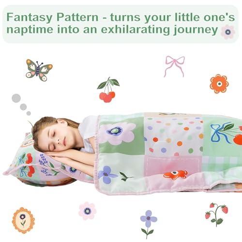 Image of Viviland Toddler Nap Mat, Rolled Sleeping Mats with Pillow and Minky Dot Blanket for Girls, Kids Slumber Bag Nap Mat for Preschool, Daycare, Kindergarten, Travel Camping - Patchwork Flower