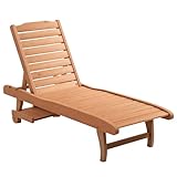 Outsunny Chaise Lounge Chair Outdoor Wooden Pool Lounge Chair with 3-Level Adjustable Backrest, Built-in Table and Rolling Wheels, Sun Tanning Chair for Beach Poolside Sunbathing, Brown Red