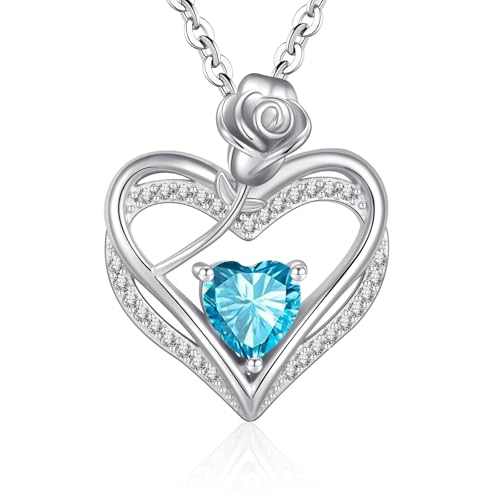 Cosie Lily Collier Femme Argent 925 Coeur Rose Bijoux, Idee Original Pendentif, Cadeaux Anniversaire Noël Saint-Valentin pour Maman Amie Copine, Bleu Marine