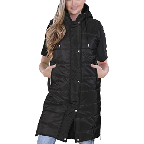 A2Z Ladies Down Vest Oversized Hooded Black Zipped Quilted Gilet Padded Long Line Vest Black Jacket Fashion Coat S-4XL