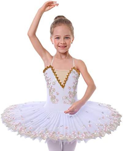 Dance Leotard for Girl Ballet Platter Tutu Toddler Rhinestone Swan Lake Pancake Tutu Skirt Ballet Leotards Dress White Flower Embroidery Hem Ballerina Costume for Performance White Flower 11-12 Years