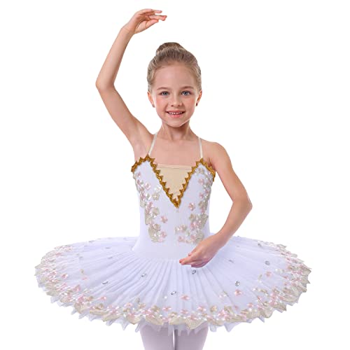 IBAKOM Vestido de ballet para niñas, diseño de cisne, lago de cisne, correa de encaje, bordado de perlas, camisola de gimnasia, leotardo, tutú, disfraz de patinaje artístico, traje de bailarina,