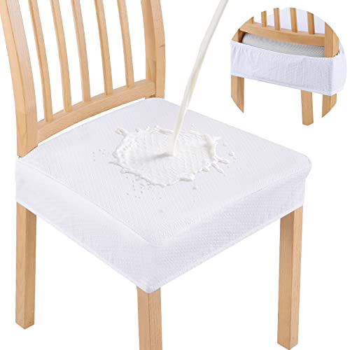 Image of Smiry Waterproof Seat Covers for Dining Room Chairs, No Rear Covers | Stretch Jacquard Removable Washable Chair Seat Slipcovers Protector, Set of 6, White