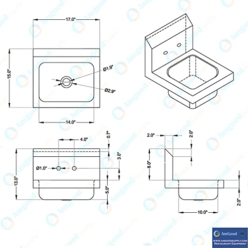 AmGood Stainless Steel Wall Mount Hand Sink 17" x 15" | Bowl Size: 10" x 14" | NSF | Commercial Hand Washing Basin For Restaurant, Kitchen and Home