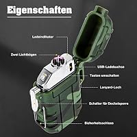LcFun Lichtbogen USB Feuerzeug Elektrisch, Wasserdicht Winddicht Wiederaufladbar, Plasma Feuerzeug Lighter mit Notfall-Pfeife für Camping, Survival Taktische-überlebensausrüstung (Tarnung) – Ansicht 3