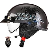 Moto Casco Bluetooth Retro Medio Jet para Hombre Mujer, ABS Ventilado con Revestimiento Desmontable Visera Retráctil Vintage Scooter Patinete Electrico