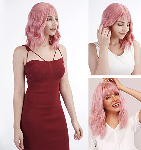 Human Hair Wigs, TINOSP New Bob Pink Wigs Are Light And Breathable, Knot Free, Anti-Falling. Suitable For Work, live Broadcast, Party, Sparse Hair, White Hair, Cosplay, Etc.(200% Density, 15 Inch)