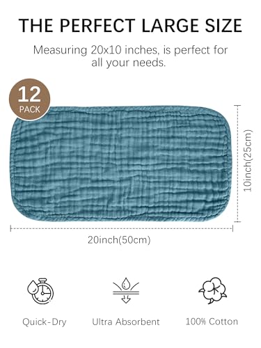 Image of Lovely Care 12 Pack Muslin Burp Cloths 100% Cotton Muslin Cloths Large 20''x10'' Extra Soft and Absorbent Baby Burping Cloth - Slate, Navy & Grey