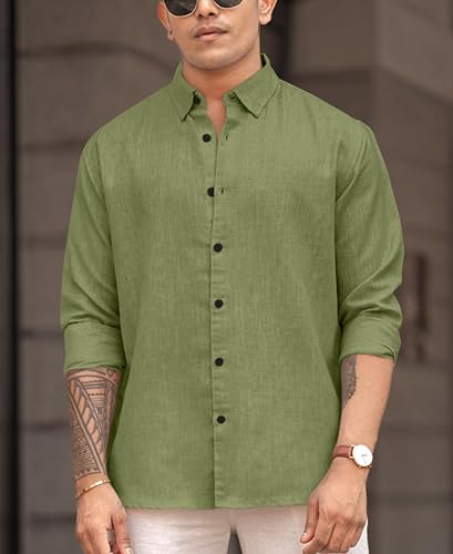Image of Men's Solid Linen Blend Cotton Shirt | Full Sleeve Plain Shirt for Men | Regular Fit Casual & Formal Wear