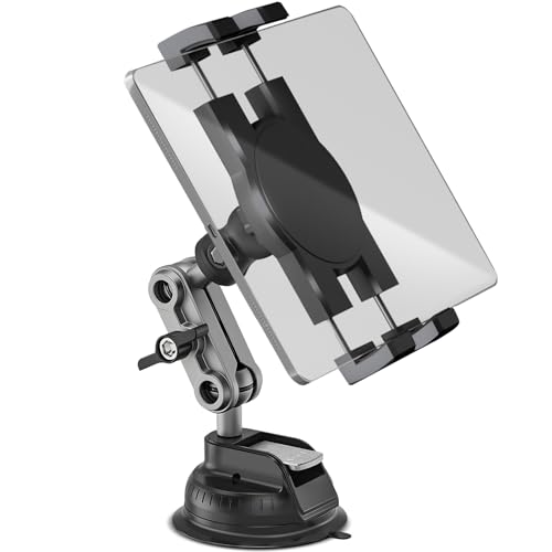 Aluminum Heavy Duty Dashboard & Windshield Tablet Holder Car Mount, 360°2-Stage Stand Metal Bracket Suction Cup for 4.7-12.9