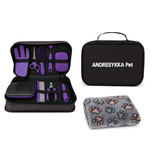 Andreyskka Pet, Set de Aseo y cuidados para Mascotas, 10 Piezas con Cepillos, Peines y Bolso de Viaje (Set de Aseo y Cuidados PET Negro-Morado)